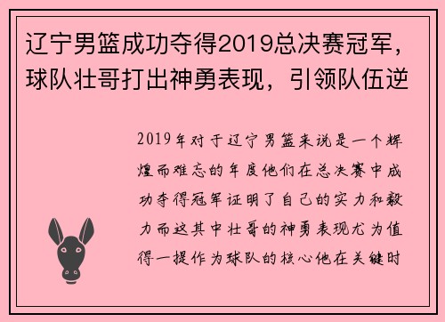 辽宁男篮成功夺得2019总决赛冠军，球队壮哥打出神勇表现，引领队伍逆转胜！